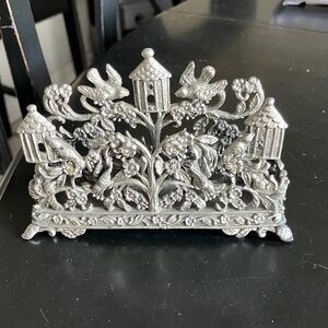 Ornate Birdhouse & Floral Metal - Silver Tone business card holder